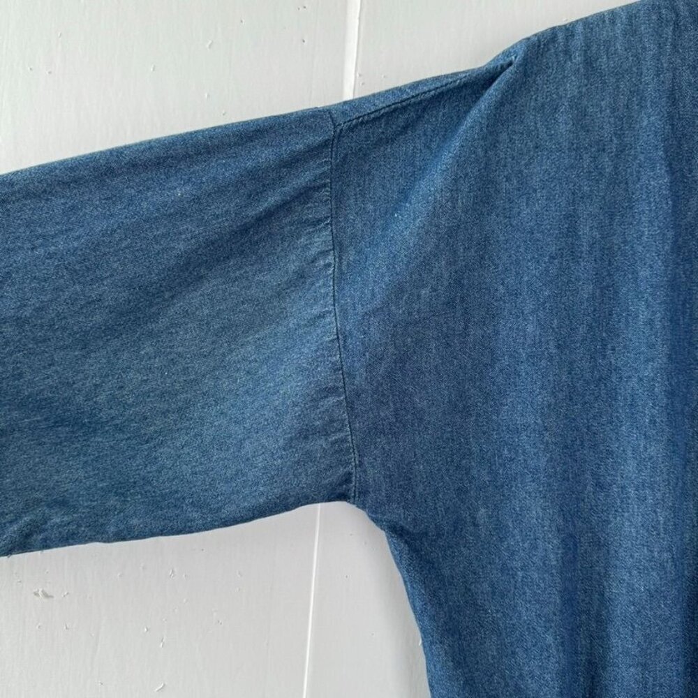 80s Vintage Bedford Fair Bracelet Sleeve Elastic Waist Denim Midi Dress Size L - Picture 4 of 8